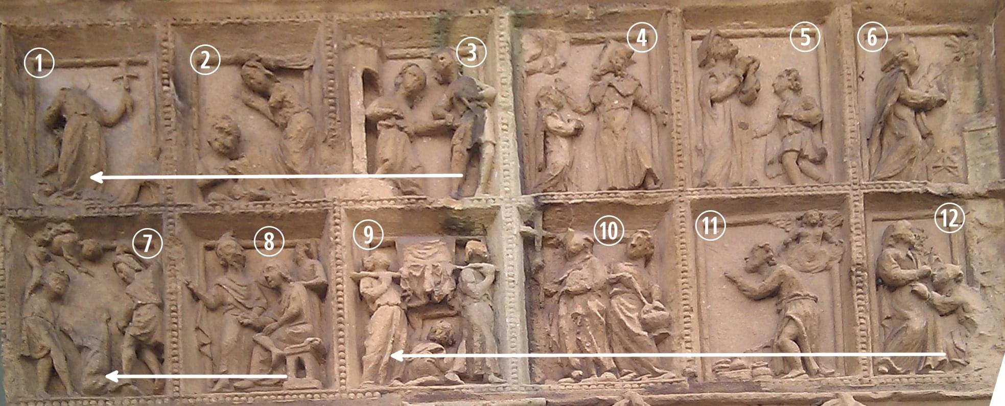 Portail nord : Notre-Dame-la-Ronde lecture bas relief Saint Etienne
