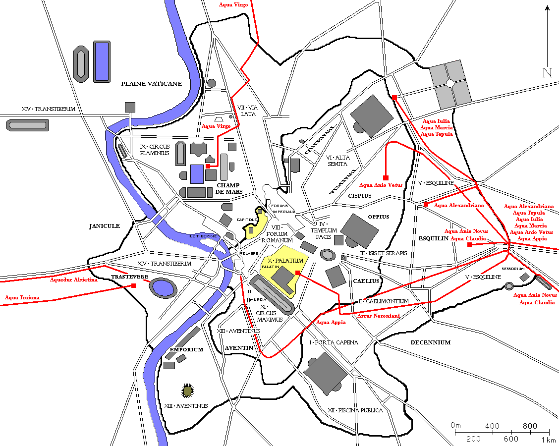 Plan de la Rome antique avec aqueducs - source Wikipedia